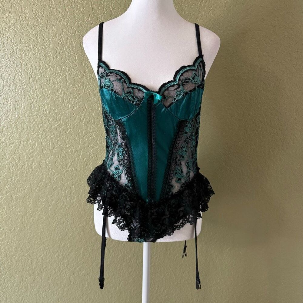 Vintage Nan Flower M Teddy Bodysuit Lingerie Emerald Green Satin Black Lace